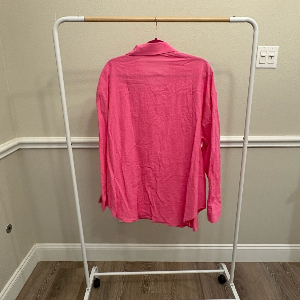 XXL Bright Pink Linen Button-Up Shirt - Picture 3 of 4